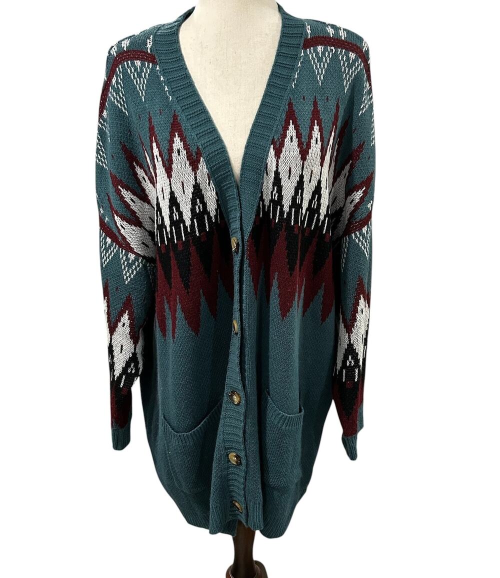 Bloomchic Teal, Maroon, Cream Aztec Print Button Front Cardigan Plus Size 18 EUC